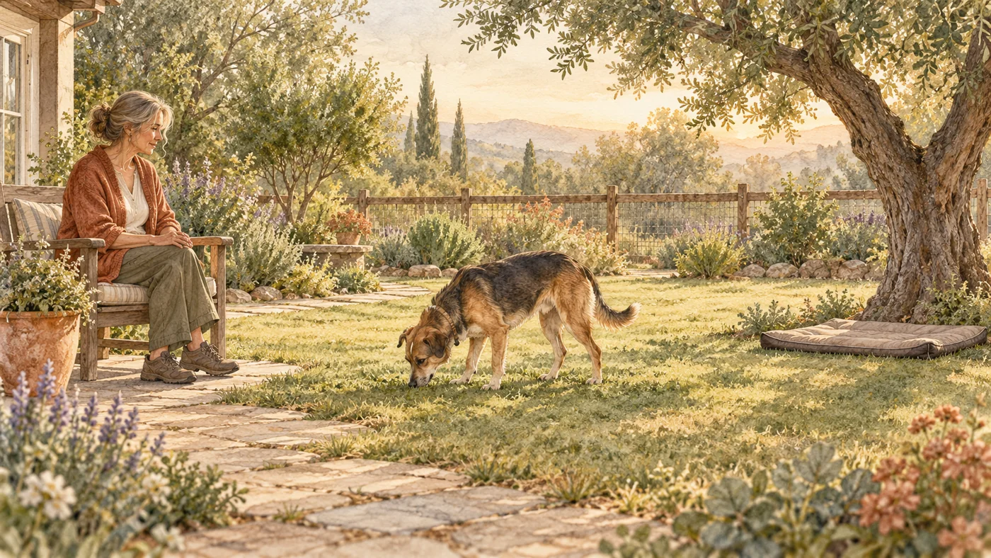 Illustration of a dog sniffing in a fenced garden, with a seated person nearby, an open path, and a shaded resting mat.