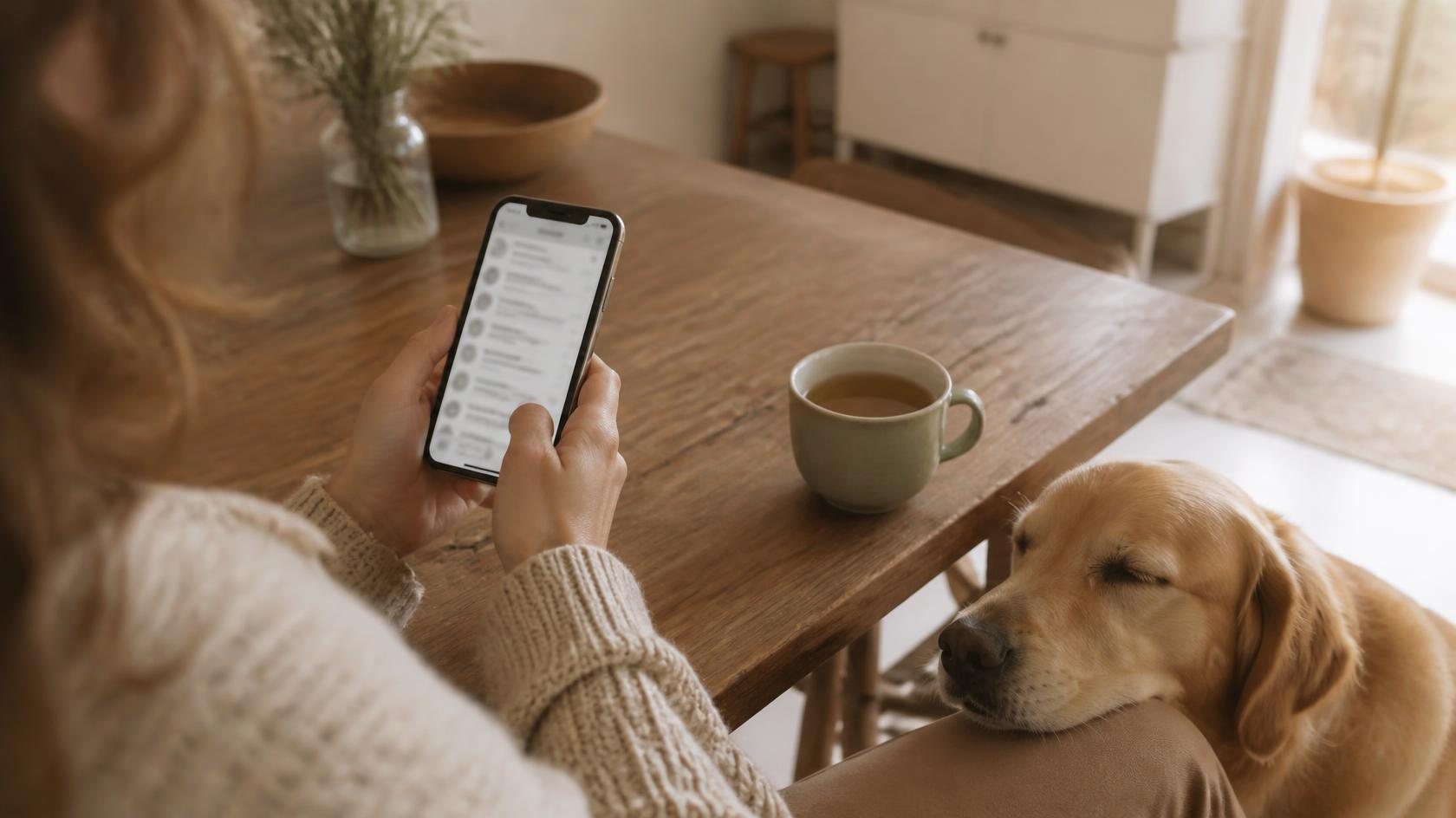 Hands holding a phone open to an email inbox, a cup of tea nearby, and a dog resting its chin on her knee.