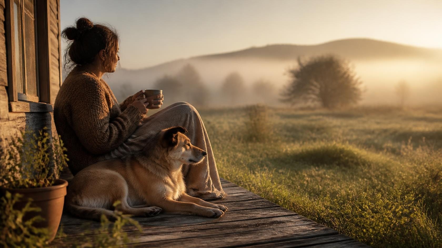 A woman sits on a porch step at dawn with a mug, her dog resting calmly beside her.