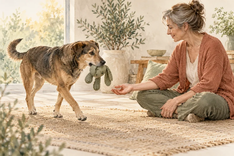 Illustration of a dog carrying a soft toy toward a seated guardian with an open palm.
